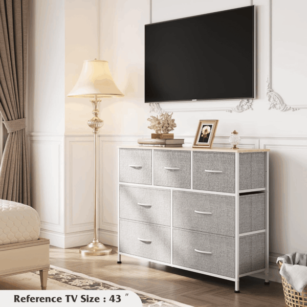 7 Drawer Dresser TV Stand, Entertainment Center, Media Console Table with Metal Frame and Wood Top for TV up to 45 Inch, Chest of Drawers for Bedroom, Living Room, Light Grey - Image 4
