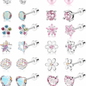 16 Pairs Hypoallergenic Screw Back Earrings for Women Girls 316L Stainless Steel CZ Pearl Ball Heart Flower Screwback Flat Back Stud Earrings Jewelry Gift Women Multicolored Pink