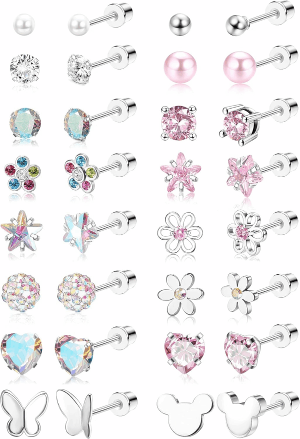 16 Pairs Hypoallergenic Screw Back Earrings for Women Girls 316L Stainless Steel CZ Pearl Ball Heart Flower Screwback Flat Back Stud Earrings Jewelry Gift Women Multicolored Pink