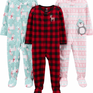 Toddlers and Baby Girls' Loose-Fit Flame Resistant Fleece Footed Pajamas, Pack of 3