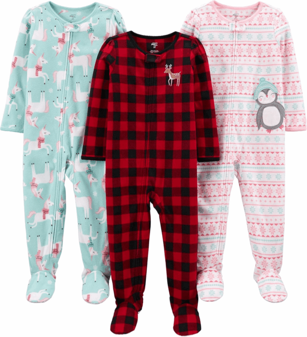 Toddlers and Baby Girls' Loose-Fit Flame Resistant Fleece Footed Pajamas, Pack of 3