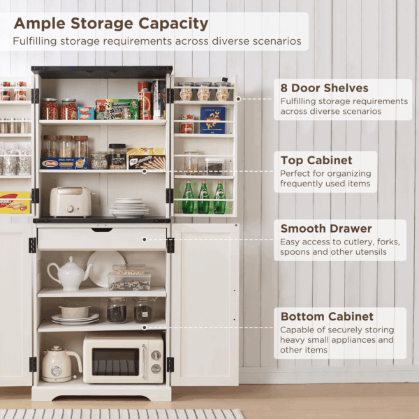 72" Tall Kitchen Pantry, Farmhouse Storage Cabinet with Barn Doors, Organizer, Drawer and Adjustable Shelves, Rustic Wood Cupboard for Kitchen, Dining Room, Bathroom, off White - Image 4