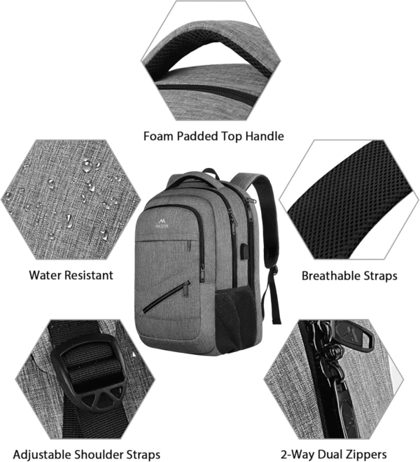 Travel Laptop Backpack, 17 Inch Business Flight Approved Carry on Backpack, TSA Large Computer Bag for Men Women with USB Port and Trolley Sleeve, College School Tactical Book Bag, Grey - Image 6