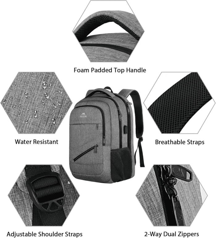 Travel Laptop Backpack, 17 Inch Business Flight Approved Carry on Backpack, TSA Large Computer Bag for Men Women with USB Port and Trolley Sleeve, College School Tactical Book Bag, Grey - Image 6