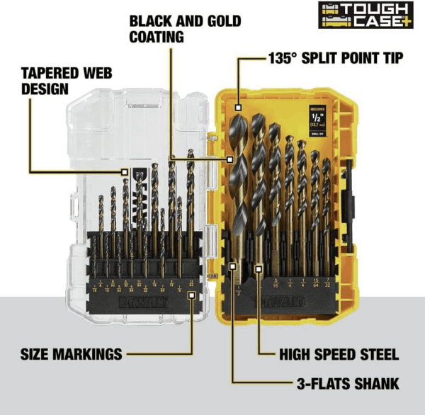 Drill Bit Set, 21-Piece, 135 Degree Split Point, 31 Degree Helix, Black Oxide Coated, for Plastic, Wood and Metal (DWA1181) - Image 4