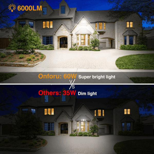 60W Flood Lights Outdoor, 6000LM Brightness Security Lights Switch Controlled, 3 Adjustable Heads, IP65 Waterproof, 6500K Wall Mount Exterior LED Flood Light - Image 3