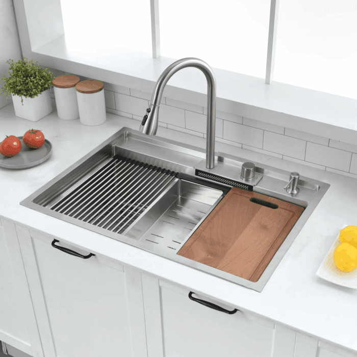 30 Inch Drop in Waterfall Kitchen Sink Workstation with Faucet Combo- 30X22 Drop-In Sink 16 Gauge Stainless Steel Single Bowl Kitchen Sink with Cutting Board - Image 2