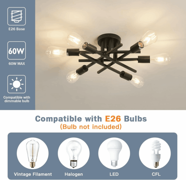 6-Lights Semi Flush Mount Ceiling Light Fixture 2-Pack Black Vintage Matte Sputnik Chandelier Ceiling Lamp for Farmhouse Dining Room Living Room Bedroom Kitchen Entryway - Image 3