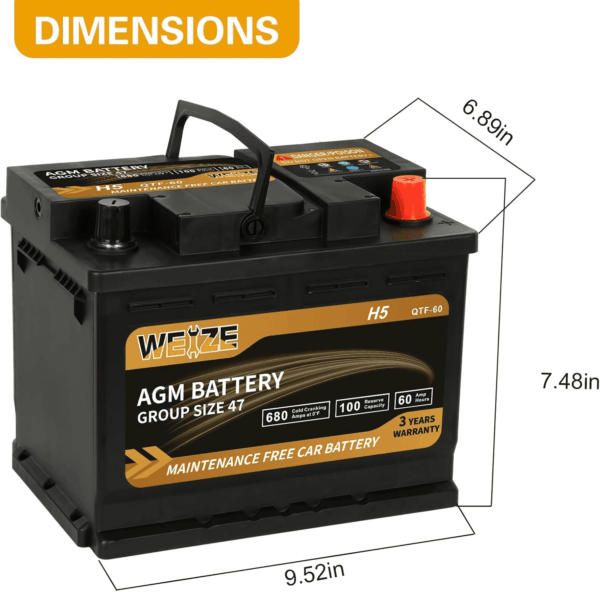 Platinum AGM Battery BCI Group 47-12V 60Ah H5 Size 47 Automotive Battery, 100RC, 680CCA, 36 Months Warranty - Image 2