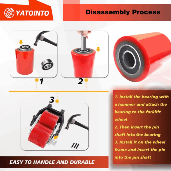 Pallet Jack/Truck Load Wheels Full Set with Axles and Entry Exit Roller 3" X 3.75" with Bearings ID 20Mm Red Pallet Jack/Truck Polyurethane Load Wheels Kit - Image 6