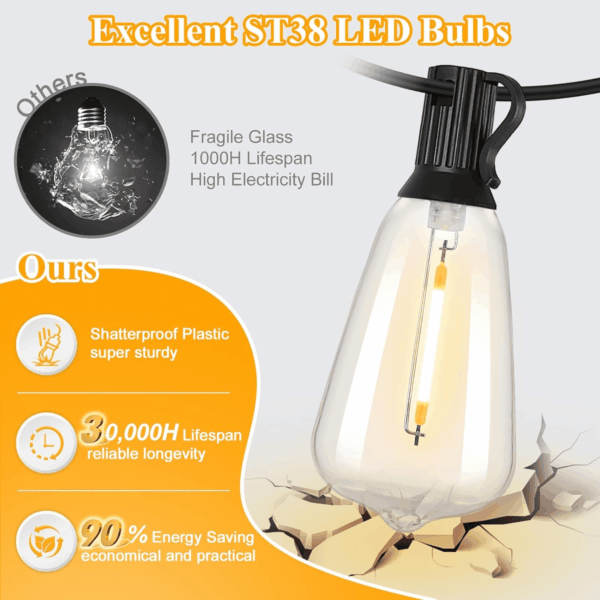 LED Outdoor String Lights 100FT Patio Lights with 52 Shatterproof ST38 Vintage Edison Bulbs, outside Hanging Light Waterproof for Porch, Deck, Garden, Backyard, Balcony, Dimmable 2700K - Image 2