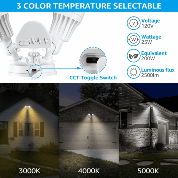 3CCT LED Security Light, Motion Sensor Flood Lights Outdoor, Aluminum, 3 Modes Motion Detector+Dusk to Dawn+Switch Control, 3000K/4000K/5000K Selectable, IP65, Adjustable 2-Head, ETL, White - Image 2
