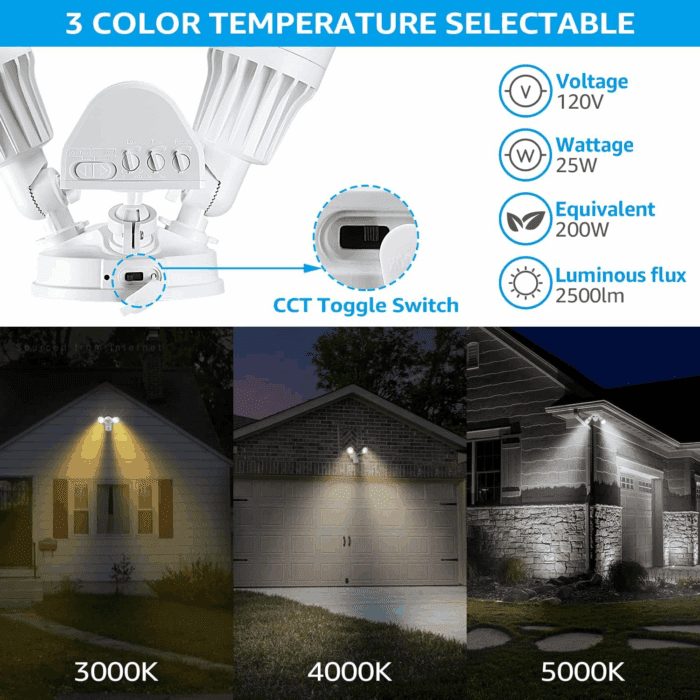 3CCT LED Security Light, Motion Sensor Flood Lights Outdoor, Aluminum, 3 Modes Motion Detector+Dusk to Dawn+Switch Control, 3000K/4000K/5000K Selectable, IP65, Adjustable 2-Head, ETL, White - Image 2
