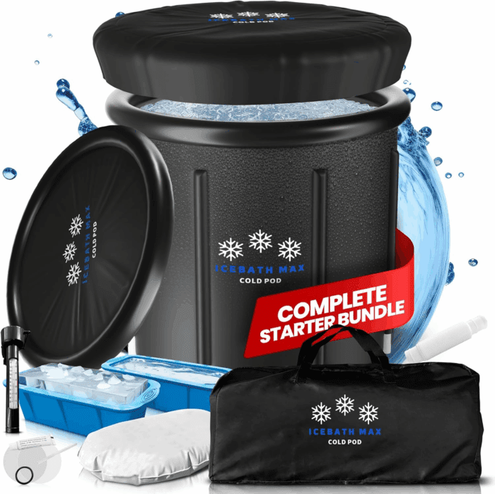 Cold Plunge Tub for Athletes - Complete Starter Bundle: Portable Ice Bath, 2 Reusable Ice Blocks, Thermometer, Ice Tub for Outdoor Cold Water Therapy - Indoor & Outdoor Inflatable Ice Bath