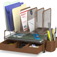 Mesh Desk Organizer with Sliding Drawer, Double Tray and 5 Upright Sections, Copper