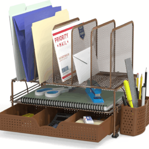 Mesh Desk Organizer with Sliding Drawer, Double Tray and 5 Upright Sections, Copper