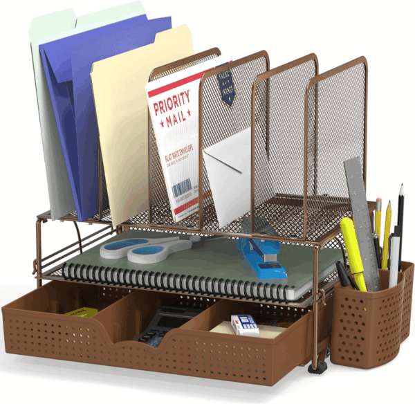 Mesh Desk Organizer with Sliding Drawer, Double Tray and 5 Upright Sections, Copper