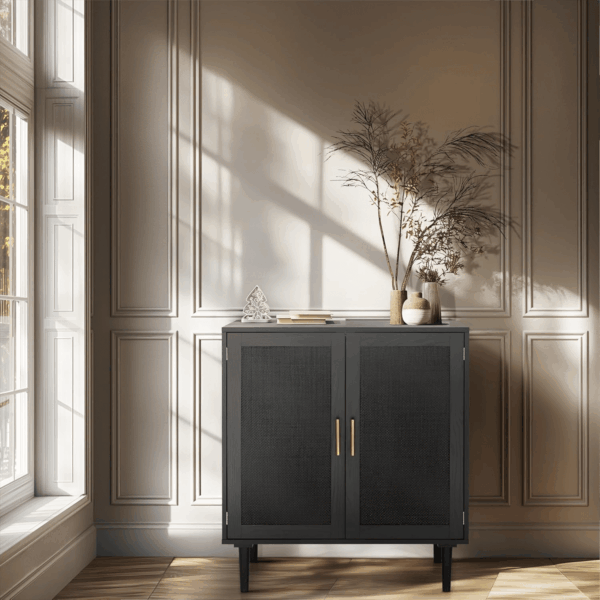 Sideboard Buffet Kitchen Storage Cabinet with Black Painted Rattan Decorated Doors, Dining Room, Hallway, Cupboard Console Table, Liquor/Accent Cabinet, 31.5X 15.8X 34.6 Inches, Black - Image 2