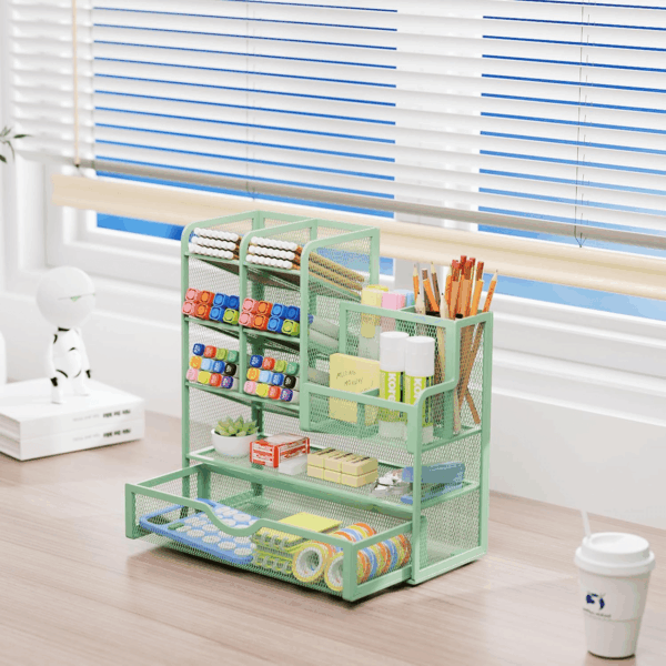 Mesh Pen Holder for Desk, Multi-Functional Pencil Organizer with Drawer, Desk Organizers and Accessories for Office Art Supplies (Green) - Image 4