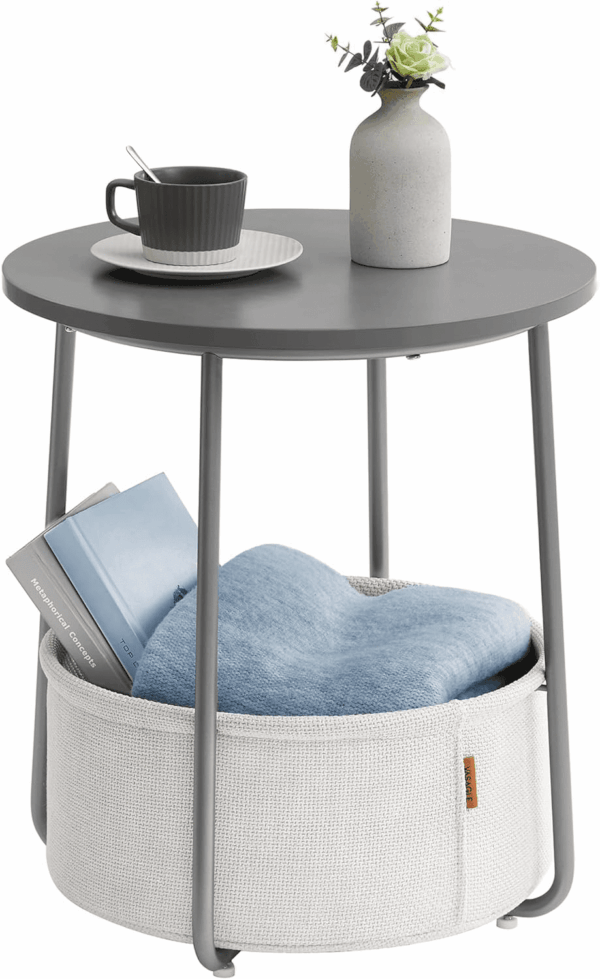 End Table, Small Bedside Table with Fabric Basket, Modern Nightstand, round Side Table, for Living Room, Bedroom, Cement Gray and Cream White ULET223G49