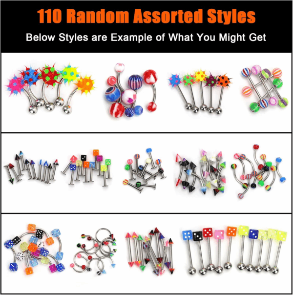 Lot of 110PCS Body Jewelry Piercing Eyebrow Navel Belly Tongue Lip Bar Ring - Image 5