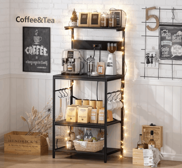 Kitchen Bakers Rack with Power Outlet, Coffee Bar Table 4 Tiers, Kitchen Microwave Stand with 6 S-Shaped Hooks, Kitchen Storage Shelf Rack for Spices, Pots and Pans - Black - Image 8