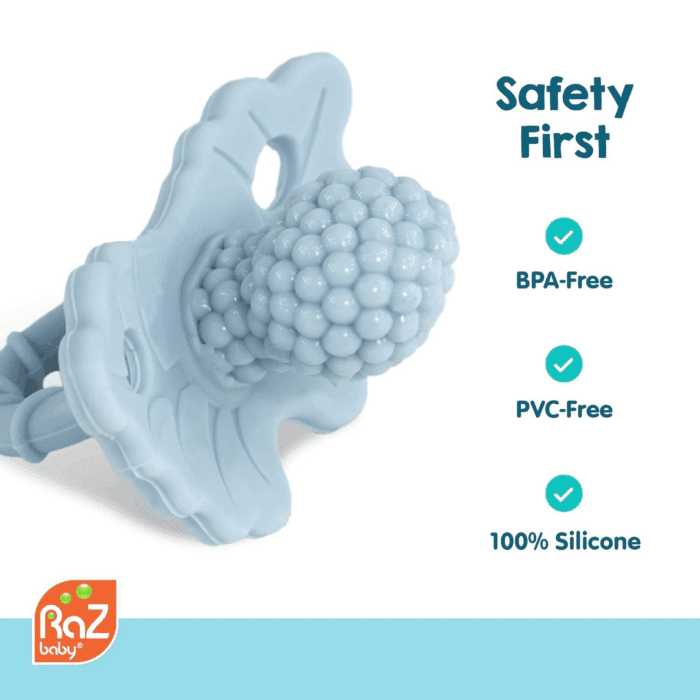 Razberry Silicone Teether Pacifier – Teething Relief for Infants, Food-Grade, Bpa-Free, Hands-Free, Natural Berrybumps Fruit Texture for Sensory Development, Freezable, 2-Pack - Red & Blue - Image 4