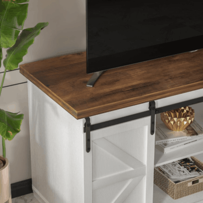 TV Stand for 65 Inch TV, Entertainment Center with Storage Cabinets and Sliding Barn Doors, Mid Century Modern Media TV Console Table for Living Room Bedroom (Bright White) - Image 2