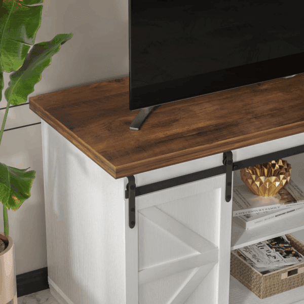 TV Stand for 65 Inch TV, Entertainment Center with Storage Cabinets and Sliding Barn Doors, Mid Century Modern Media TV Console Table for Living Room Bedroom (Bright White) - Image 2