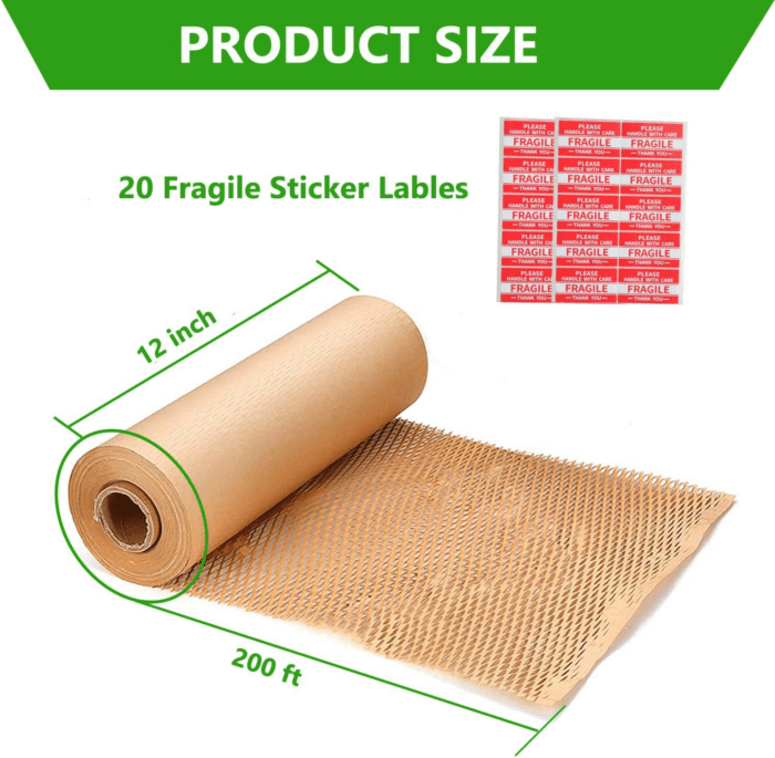 Honeycomb Packing Paper Wrap 12"X200' Recycled Bubble Cushioning Wrapp Roll Eco Friendly Shipping Moving Wrap Packing Supplies Material with 20 Fragile Sticker Labels - Image 2