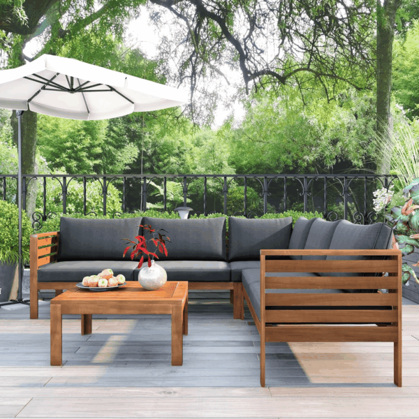 Outdoor Acacia Wood Sectional Sofa Set with Coffee Table and Removable Cushion, Wood Structure Furniture Set, Patio Conversation Set, Water-Resistant, UV Protected, Strong Metal Accessories, Grey - Image 4
