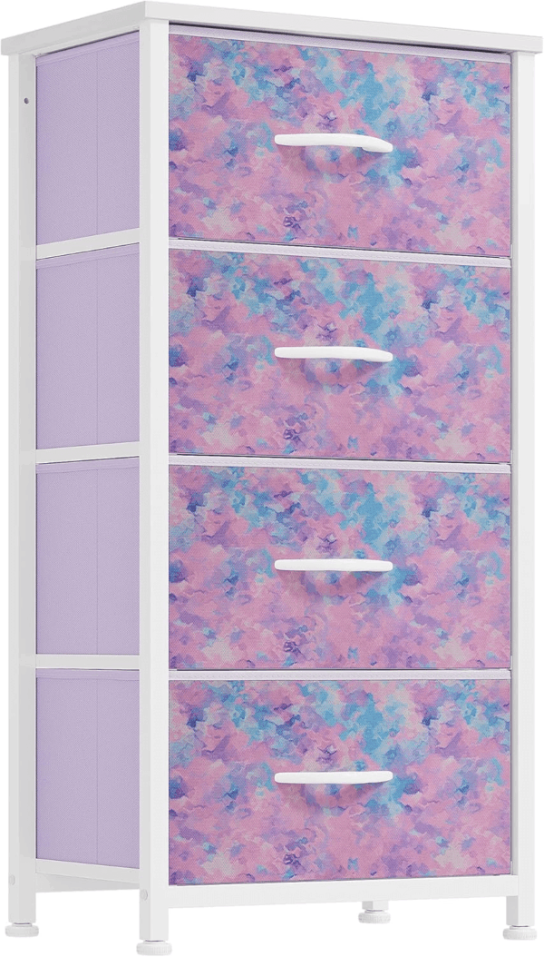 Dresser with 4 Drawers - Storage Tower Unit, Dresser for Bedroom, Living Room, Closets - Sturdy Steel Frame, Wooden Top & Easy Pull Fabric Bins, Purple