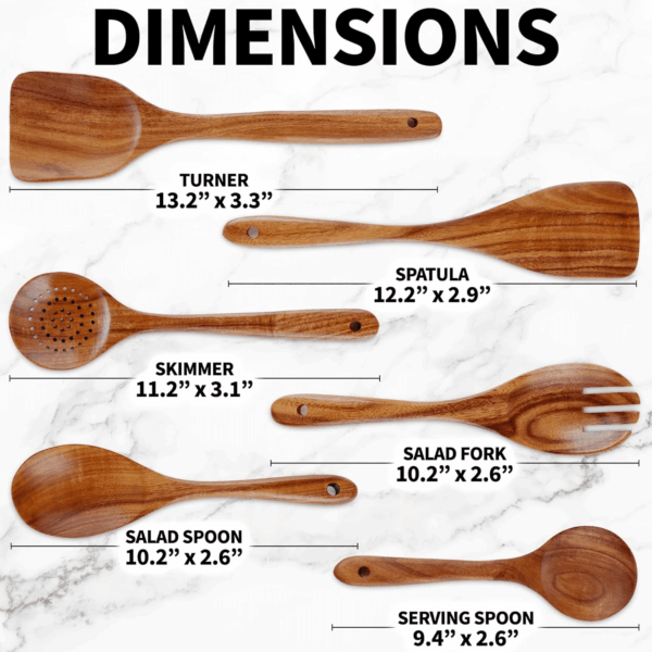 6-Piece Wooden Cooking Spoons Set – Heat-Resistant, Smooth Teak Utensils with Comfort Grip – Lightweight & Durable – Easy to Clean, Perfect for Non-Stick Cookware - Image 4