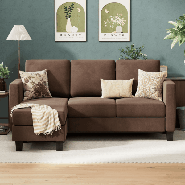 Convertible Sectional Sofa Couch, 3 Seat L-Shaped Sofa with Linen Fabric Ottoman Small Couch for Small Apartments, Living Room and Office (Linen Fabric, Brown) - Image 3