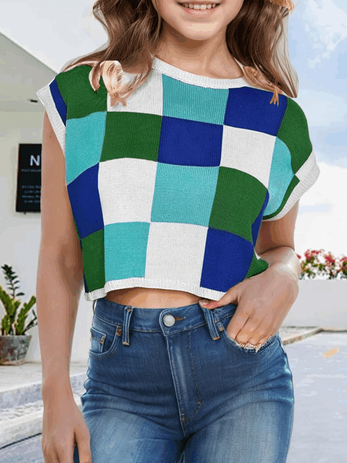 Girls Summer Crop Tops Spring Vest Cute Tanks Cap Sleeve Colorblock Tee Loose Kids Fall Knit Top - Image 2