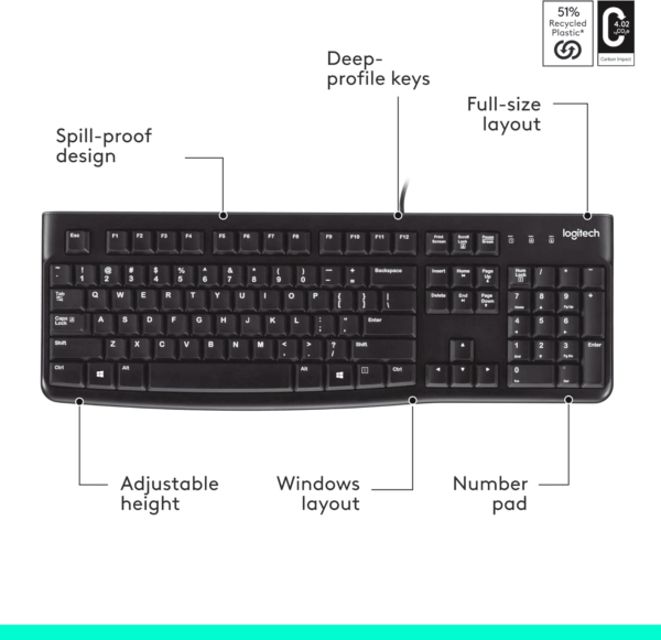 K120 Wired Keyboard for Windows, Plug and Play, Full-Size, Spill-Resistant, Curved Space Bar, Compatible with PC, Laptop - Black - Image 7