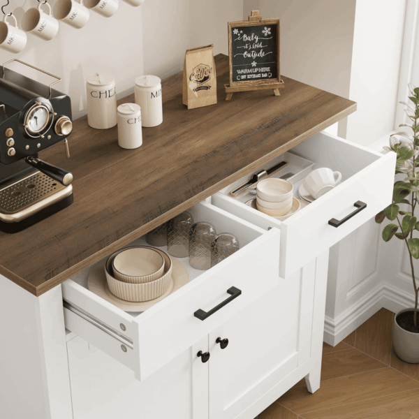 Kitchen Storage Cabinet, Modern Farmhouse Buffet Cabinet with Storage, Coffee Bar with 2 Drawers and 2 Doors, Floor Sideboard Buffet for Living Room, Dining Room, Bathroom, Ivory White - Image 6