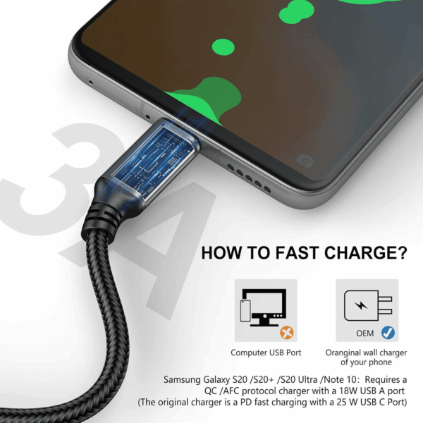 USB Type-C to a Cable 5Pack 6Ft Braided Fast Charging 3A Quick Charger Cord, 6 Foot Compatible Iphone 16/15,Samsung Galaxy S10 S9 S8 Plus, Note 10 9 8, LG V50 V40 G8 G7(Grey) - Image 3