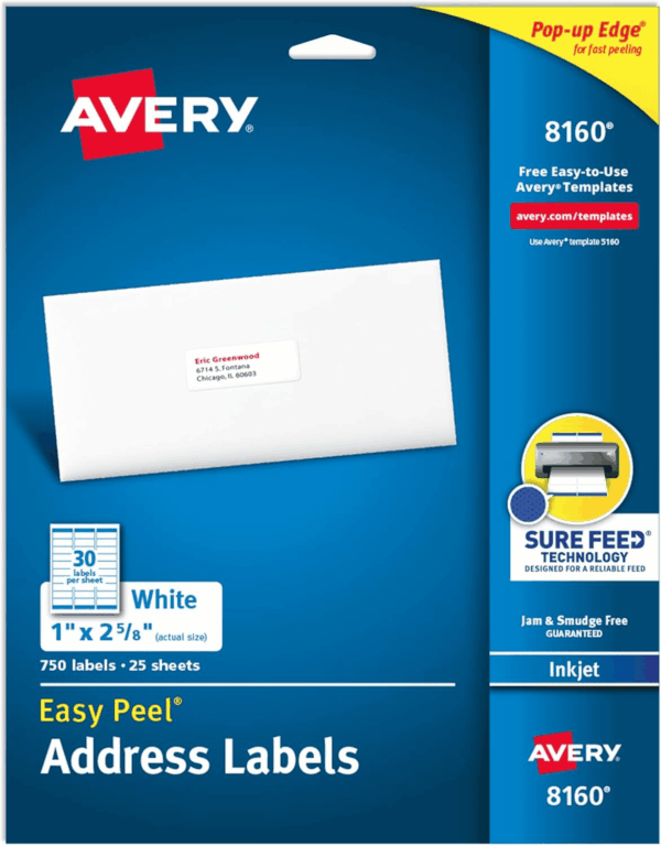 Easy Peel Printable Address Labels with Sure Feed, 1" X 2-5/8" Customizable Stickers, White, 750 Blank Mailing Labels, Great for Mailing, Shipping, and More (8160)