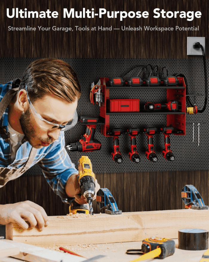 HOEMASY Power Tool Organizer Wall Mount, 3-Tier with 4 Outlet Charging Station | 100Lbs Load Heavy Duty Garage Storage Rack for Drills, Batteries, Tools | Gift for Men, Dad, Workshop & Pegboard Red - Image 8