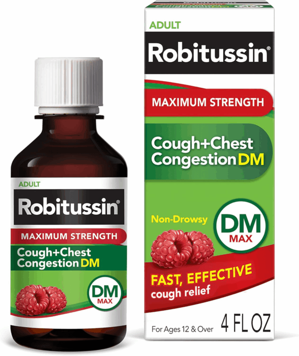 Adult Maximum Strength Cough + Chest Congestion DM Max (4 Fl. Oz. Bottle), Cough Suppressant & Expectorant, Raspberry Flavor