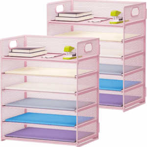 2 Pack Desk Organizer with Handle, 6 Tier Paper Letter Tray, Mesh Desk File Organizer for Office, School and Home - Pink