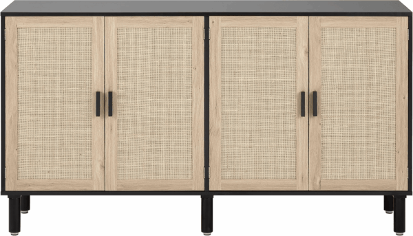 4 Door Sideboard Buffet Cabinet, Kitchen Storage Cabinet with Rattan Decorated Doors, Cupboard Console Table, Boho Accent Liquor Cabinet, Bar Cabient, 62.3X 15.7X 34.6 Inches, Black - Image 7