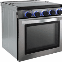RV Stove Gas Range 21" Tall | 6500 and 8000 BTU Three Burner | 7100 BTU Oven with 1.8 Cu. Ft Capacity | Black or Stainless Steel Finish (Silver Version B, No Vented Range Hood)