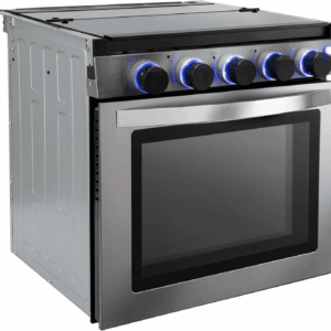 RV Stove Gas Range 21" Tall | 6500 and 8000 BTU Three Burner | 7100 BTU Oven with 1.8 Cu. Ft Capacity | Black or Stainless Steel Finish (Silver Version B, No Vented Range Hood)