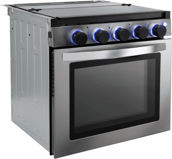 RV Stove Gas Range 21" Tall | 6500 and 8000 BTU Three Burner | 7100 BTU Oven with 1.8 Cu. Ft Capacity | Black or Stainless Steel Finish (Silver Version B, No Vented Range Hood)