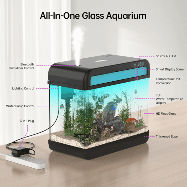 Fish Tank Aquarium 6.3 Gallon Fish Bowl with Music Humidifier 7 Color Auto-Looping Light Adjustable Quiet Pump, Temperature Display, Bottom Water Changer, HD Float Glass, Leak-Proof Thickened Base - Image 8