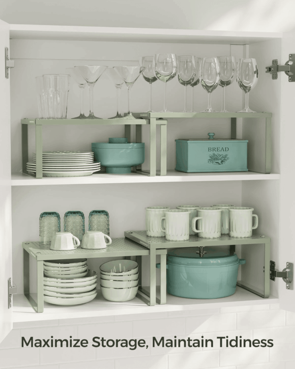 Spice Racks, Set of 2 Metal Cabinet Shelf Organizers, Countertop Organizers, Shelf Risers, Stackable, Expandable, Laurel Green UKCS001C01 - Image 4