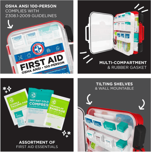 First Aid Kit Hard Red Case 326 Pieces Exceeds OSHA ANSI Guidelines 100 People. Office, Home, Car, School, Emergency, Survival, Camping, Hunting and Sports, FSA / HSA Approved - Image 4
