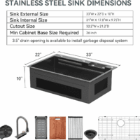 33 Drop Kitchen Sink with Faucet Combo 33"X22" Waterfall Kitchen Sink Workstation Gunmetal Black 16 Gauge Single Bowl Topmount Handmade Sinks with Pull Out Faucet, Glass Rinser Included - Image 9